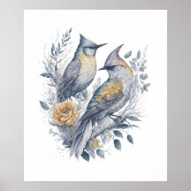Watercolor Birds on Flower Branch