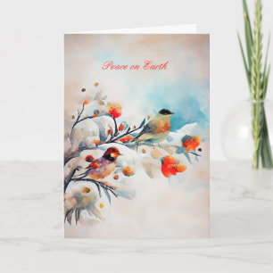 Watercolor Birds on Snowy Branches Winter Scene Card