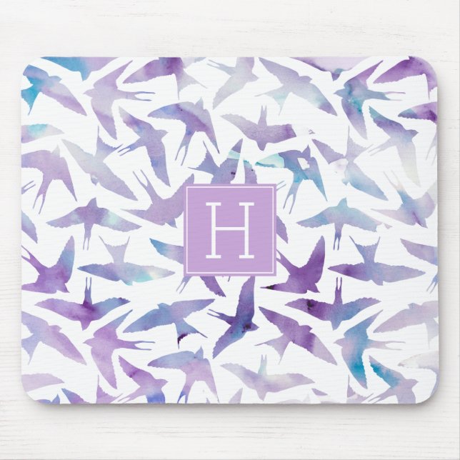 Watercolor Birds Pattern and Monogram Mouse Pad (Front)