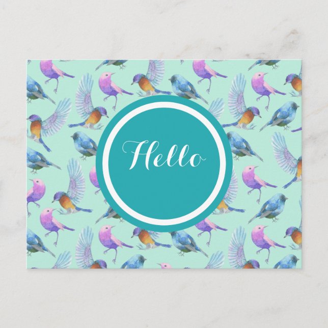 Watercolor Birds Pattern in Pink and Blue Postcard (Front)