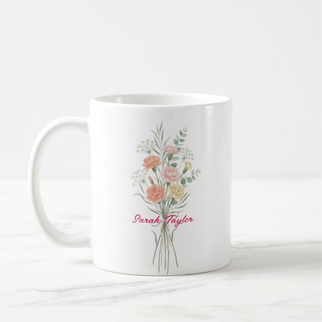 Watercolor Birth Flower Carnation Personalized Mug (Gauche)
