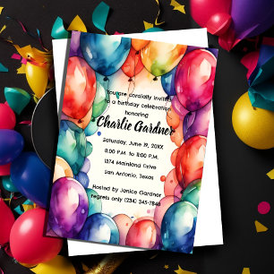 Watercolor Birthday Balloons Colourful Invitation