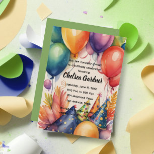 Watercolor Birthday Balloons Colourful Party Hats Invitation