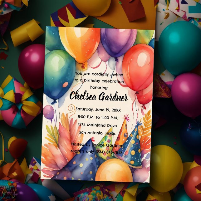 Watercolor Birthday Balloons Colourful Party Hats Invitation (Creator Uploaded)