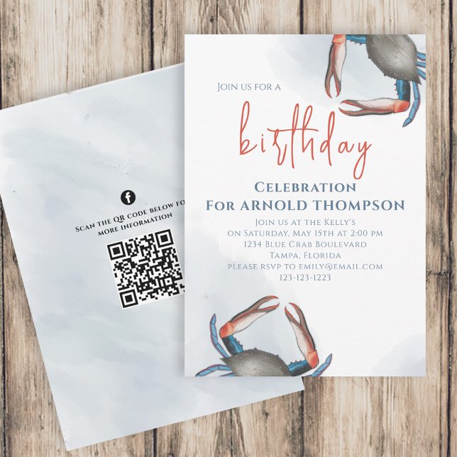 Watercolor Birthday Blue Crab QR Code Social Media Invitation (Creator Uploaded)