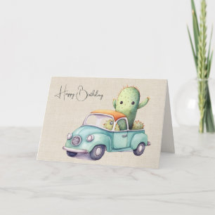 Watercolor Birthday Cacti In Retro Truck Card
