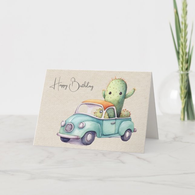 Watercolor Birthday Cacti In Retro Truck Card (Front)