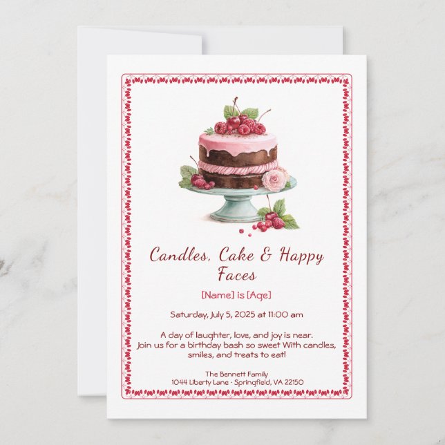 Watercolor Birthday Cake Invitation – chocolate (Front)