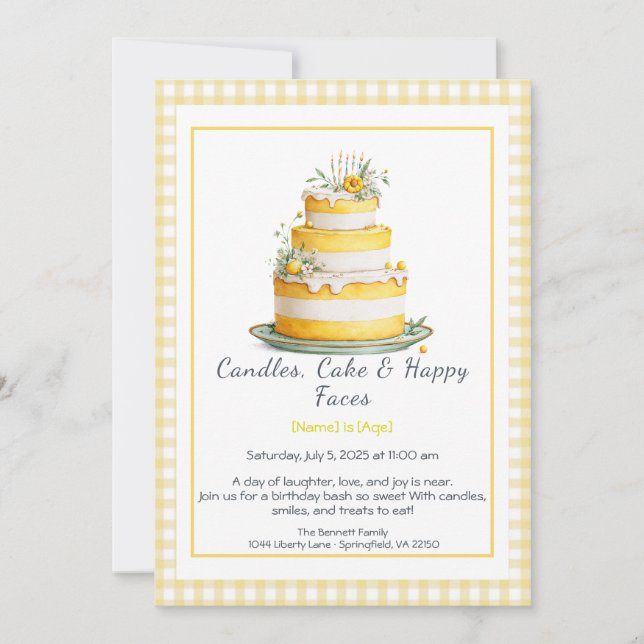 Watercolor Birthday Cake Invitation – yellow (Front)