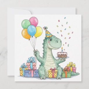 Watercolor Birthday Dinosaur with Party Hat Card