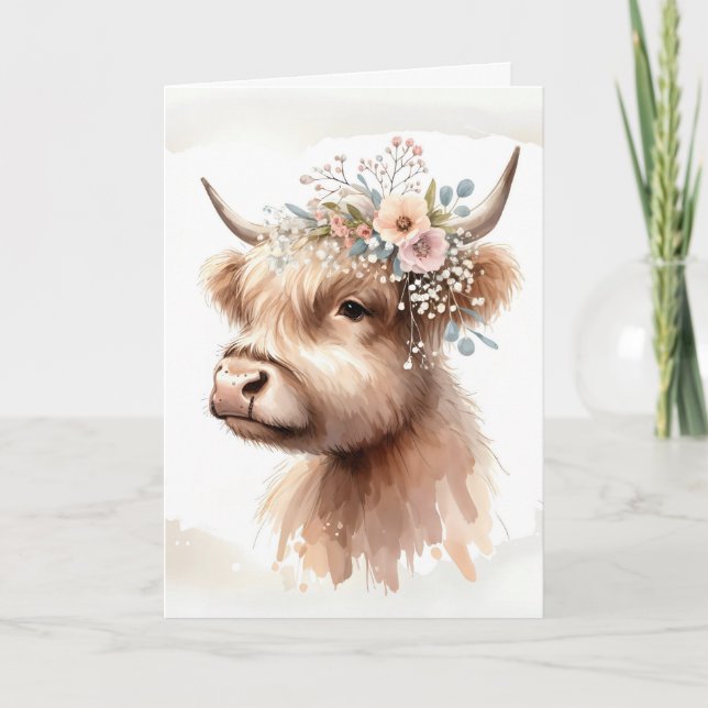 Watercolor Birthday Highland Cow Card (Front)