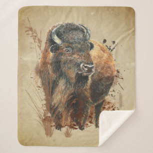 Watercolor Bison Buffalo Animal Wildlife Nature Ca Sherpa Blanket