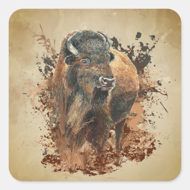 Watercolor Bison Buffalo Animal Wildlife Nature  Square Sticker (Front)