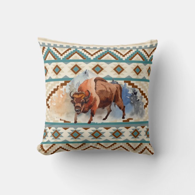 Watercolor Bison Buffalo Southwest Tribal Pattern Throw Pillow (Front)
