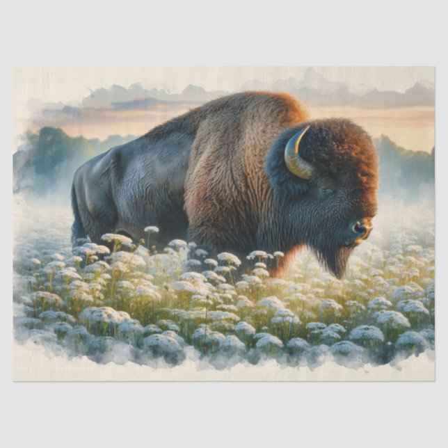 Watercolor Bison White Wildflowers Decoupage Tissue Paper (Front)