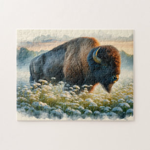 Watercolor Bison White Wildflowers Jigsaw Puzzle