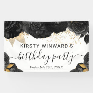 Watercolor Black and Gold Flowers Birthday Banner