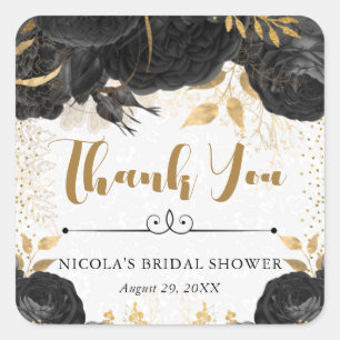 Watercolor Black and Gold Flowers Bridal Shower Square Sticker