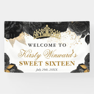 Watercolor Black and Gold Flowers Sweet 16 Banner