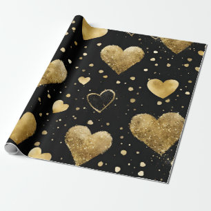 Watercolor Black and Gold Ink Valentines Hearts Wrapping Paper