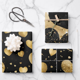 Watercolor Black and Gold Ink Valentines Hearts Wrapping Paper Sheet