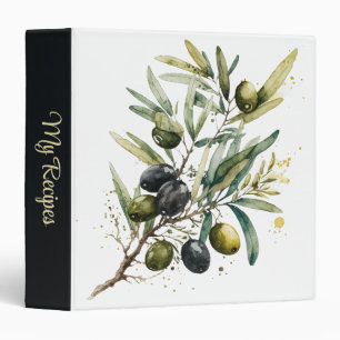 Watercolor black and green olives on a branch binder