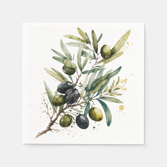 Watercolor black and green olives on a branch napkin (Front)