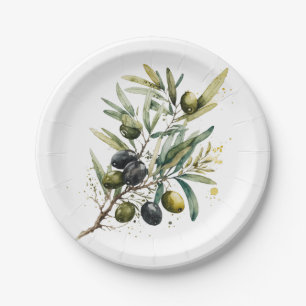 Watercolor black and green olives on a branch paper plate