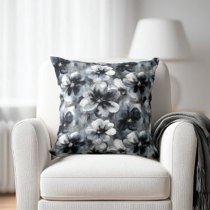 Watercolor Black and Grey Floral Throw Pillow
