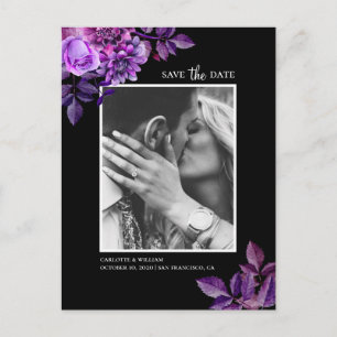 Watercolor black and purple floral Save the Date Postcard