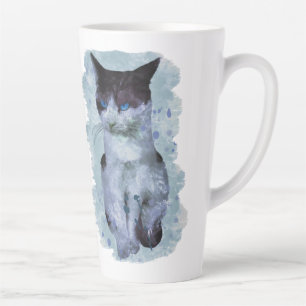 Watercolor Black And White Cat Blue Eyes Latte Mug