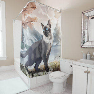 Watercolor Black and White Fluffy Cat in Nature