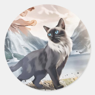Watercolor Black and White Fluffy Cat in Nature Classic Round Sticker