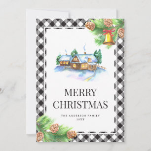Watercolor Black and White Plaid Christmas Holiday Card