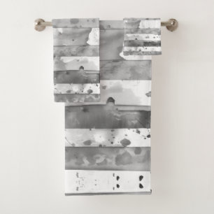 Watercolor Black and White Striped Bath Towel Set