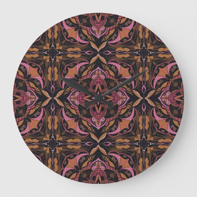 Watercolor Black Azulejo Spanish Tile  Large Clock (Front)