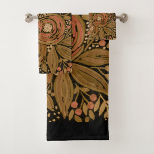 watercolor ,black brown floral, pattern black bath towel set