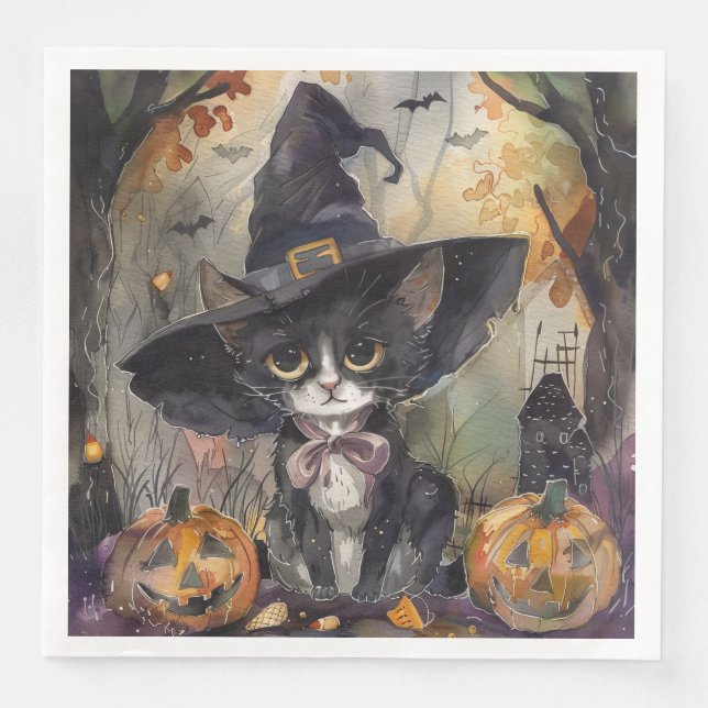 Watercolor Black Cat Halloween for Decoupage Party Napkin (Front)