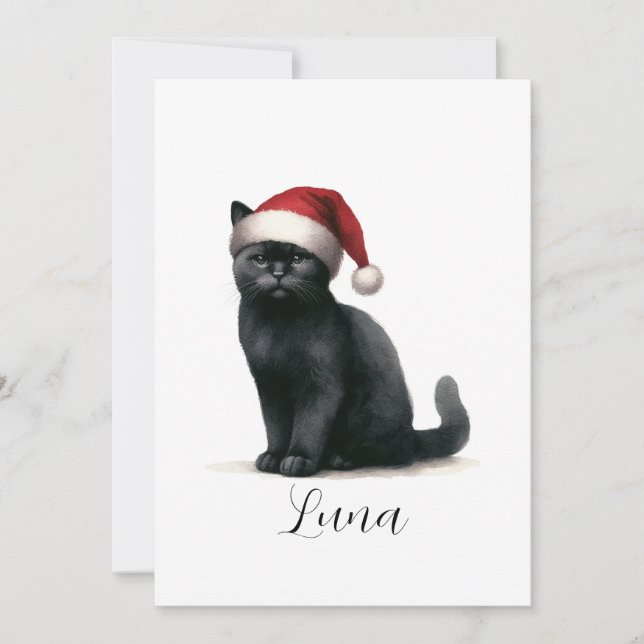 Watercolor Black Cat in Festive Santa Hat Card (Front)