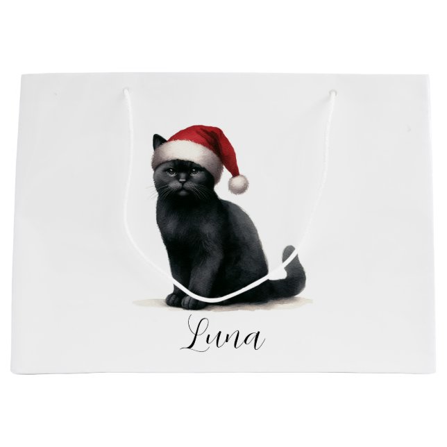 Watercolor Black Cat in Festive Santa Hat Gift Bag (Front)