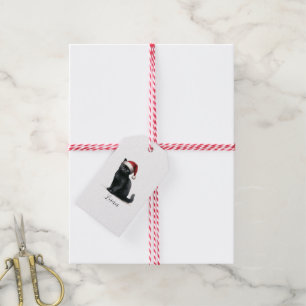 Watercolor Black Cat in Festive Santa Hat Gift Tag