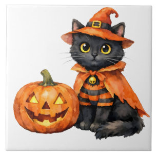Watercolor Black Cat in Halloween Costume Tile