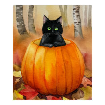 Watercolor Black Cat in Pumpkin Autumn Forest Hall