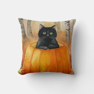 Watercolor Black Cat in Pumpkin Autumn Forest Hall Throw Pillow