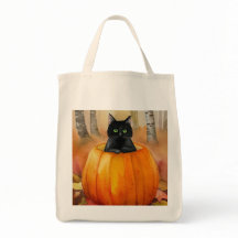 Watercolor Black Cat in Pumpkin Autumn Forest Hall