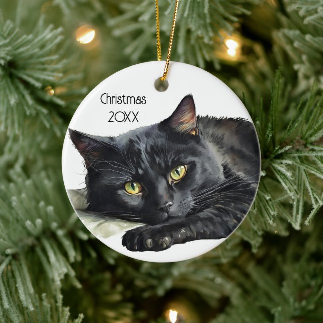 Watercolor Black Cat On White Ceramic Ornament (Tree)