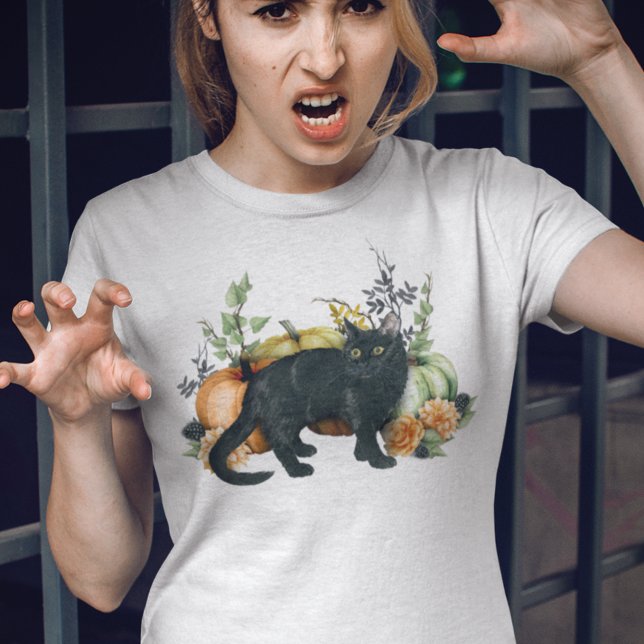 Watercolor Black Cat Pumpkin Halloween T-Shirt (Creator Uploaded)
