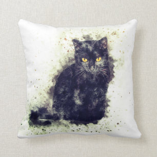 Watercolor Black Cat Throw Pillow