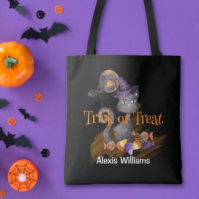 Watercolor Black Cat Trick or Treat Tote Bag (Creator Uploaded)