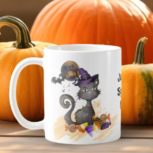 Watercolor Black Cat with candies, Halloween Coffee Mug